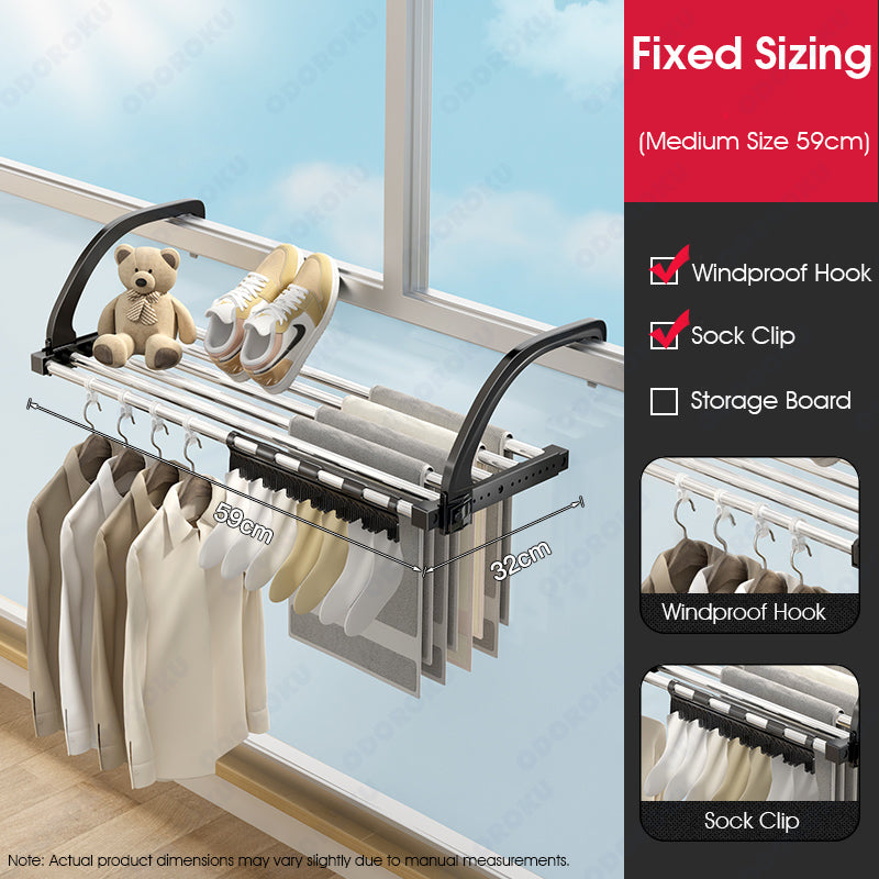 ODOROKU 42-110cm Telescopic Clothes Drying Rack Balcony Stainless Steel Extendable Folding Towel Laundry Hanger Hanging Dry Drying Window Rack with Clips and Hooks - ODOROKU