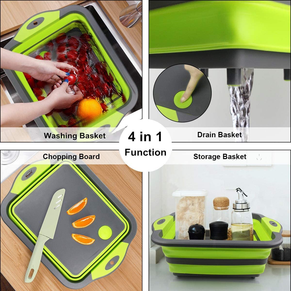 ODOROKU 2 Tier Green Foldable Multifunction Chopping Board Collapsible Drain Sink Storage Basket For Washing Vegetables - ODOROKU