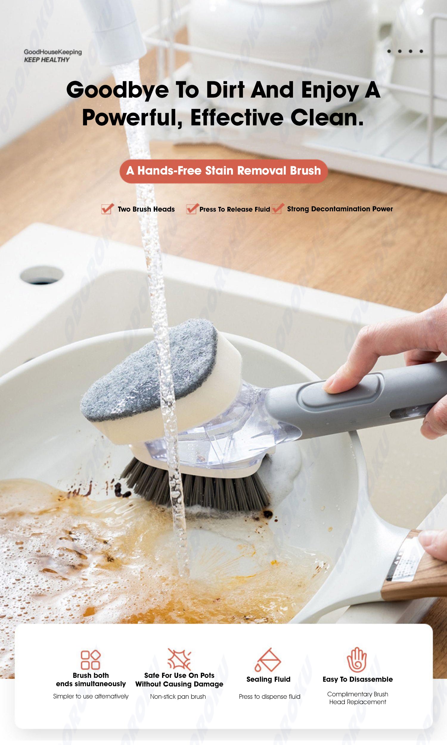 ODOROKU 2-Sided Non-Scratch Cleaning Brush Scrubber With Soap Dispenser Non-Metal Hands-Free Sponges Pot Scrubbing Removable Brush Deep Cleaning Removal of Stubborn Food Stains & Grime Kitchen Dishwashing Pots Pans Dishes Stovetop Sink Kitchen Shower - ODOROKU