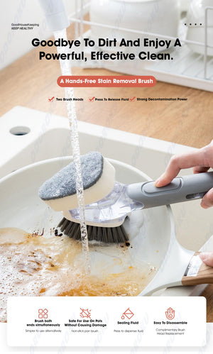 ODOROKU 2-Sided Non-Scratch Cleaning Brush Scrubber With Soap Dispenser Non-Metal Hands-Free Sponges Pot Scrubbing Removable Brush Deep Cleaning Removal of Stubborn Food Stains & Grime Kitchen Dishwashing Pots Pans Dishes Stovetop Sink Kitchen Shower - ODOROKU