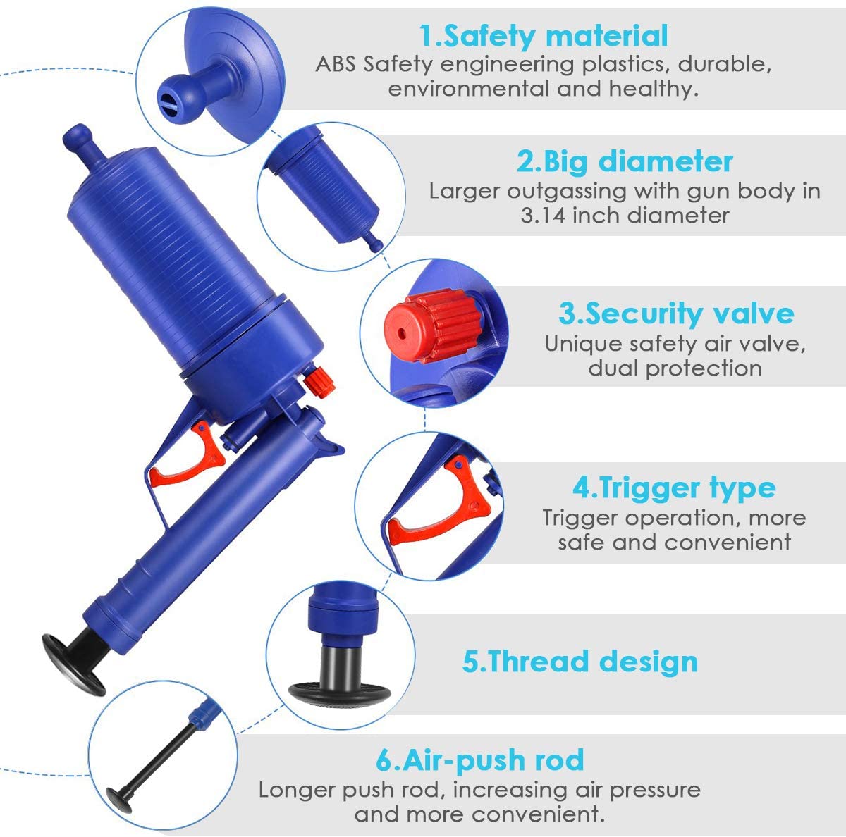 ODOROKU Toilet Plunger Gun Air Drain Blaster Pressure Pump Cleaner High Pressure Plunger for Clogged Pipe Bathtub Toilet - ODOROKU