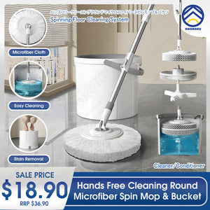 ODOROKU Hands Free Cleaning Round Microfiber Spin Mop and Bucket Set Twist Rotating Mop Floor Cleaning Mops 360 Bucket Spinning White - ODOROKU