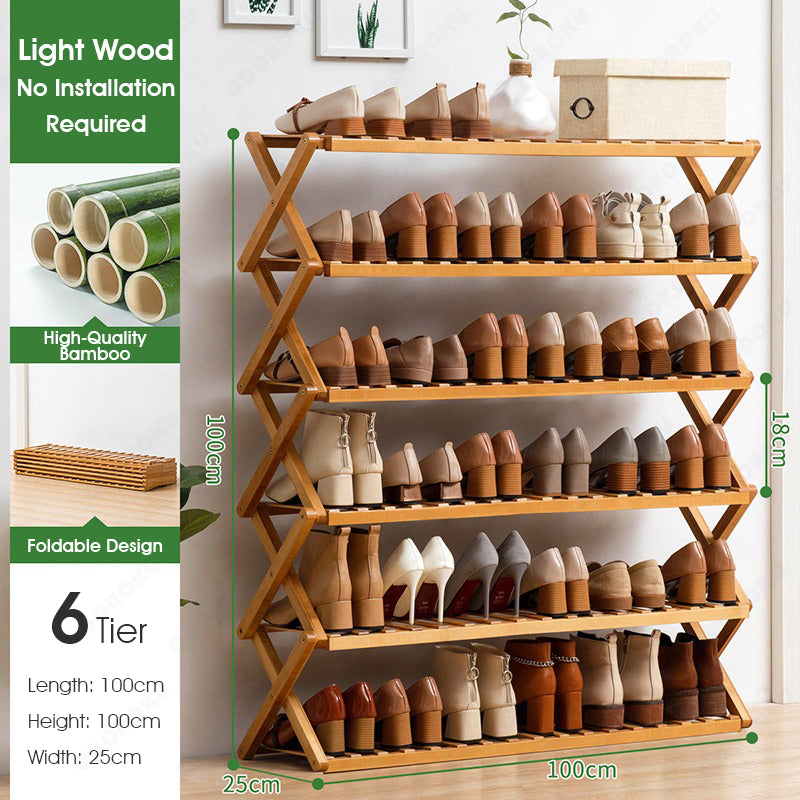 ODOROKU 3/4/5/6 Tier Foldable Bamboo Shoe Rack Free Standing Shoe Shelf Foldable Shoe Rack Installation Free Entryway Storage Organizer for Hallway Bathroom Living Room Bedroom Balcony - ODOROKU