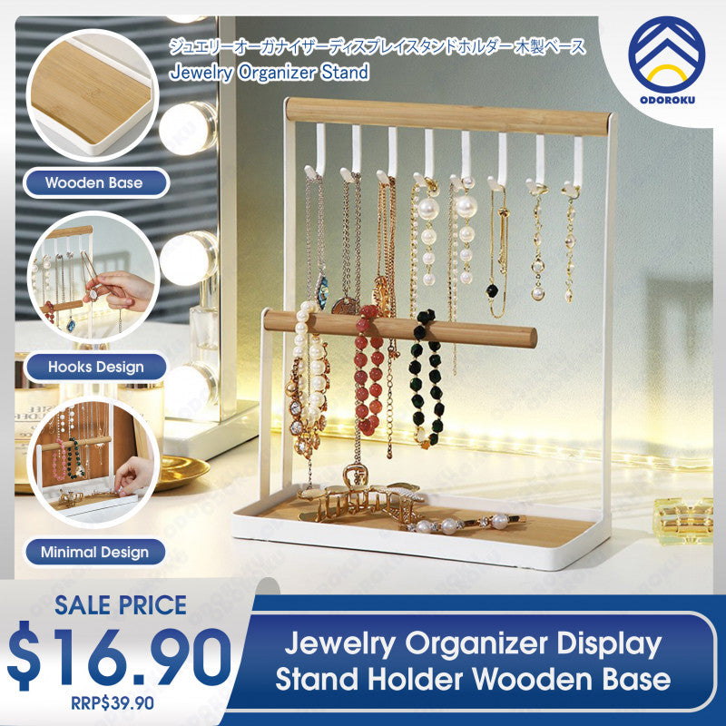 ODOROKU Jewelry Organizer Stand with Ring Holder Jewelry Holder Organizer with 8 Hooks Necklace Organizer and Watch Bracket Holder Jewelry Stand for Earring Necklaces Storage Wooden Handing Bar for Bracelets Watches Rings - ODOROKU