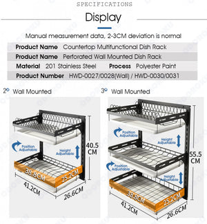 ODOROKU 2/3 Tier Adjustable Wall Mounted / Free Standing Dish Rack Dish Drying Rack Stainless Steel Dish Drainer with Drainboard Utensil Holder for Plates Bowls Cups for Kitchen Countertop Organizer - ODOROKU