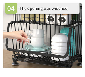 ODOROKU 2/3/4/5 Tiers Kitchen Basket Rack with Wheels & Water Tray Multipurpose Rack Storage Shelf Trolley Cart Shelf Rack Organizer Storage Movable Vegetable And Fruit Basket Space Saving Organizer with Locking Wheels Black - ODOROKU