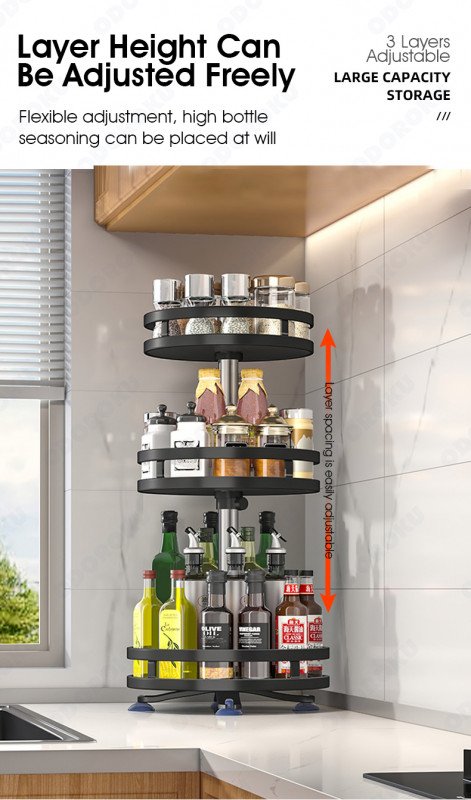 ODOROKU 1/2/3 Tier Rotating Spice Rack Height Adjustable Spice Shelf 360 Degree Round Rotatable Seasoning Organizer for Kitchen Bathroom Black White - ODOROKU