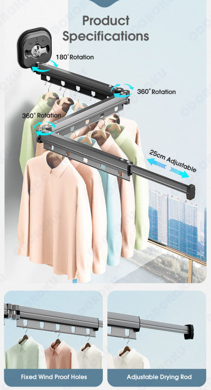 ODOROKU Wall Mounted Retractable Clothes Hanger Aluminium Expandable Laundry Rack Clothes Drying Rack Hanger Heavy Duty and Space Saving Clothes Rack No-punch Folding Wall-Mounted Invisible Clothesline Pole - ODOROKU