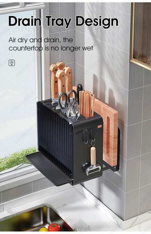 ODOROKU 3 In 1 Kitchen Knife Holder Standing or Wall Mounted Utensils Holder Knife Cutting Board Pots Pan Lids Rack with Tray Organizer Cutting Board Holder Knife Block without Knives Black / White - ODOROKU