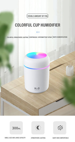 ODOROKU 300ml Portable Mini Air Humidifier USB Rechargeable Diffuser Purifier Car Humidifier With RGB LED Night Light Aromatherapy Aroma Diffuser Purifying Mist Maker Essential oil - ODOROKU