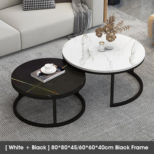 ODOROKU Sintered Stone Coffee Table Set of 2 Side Set Golden or Black Frame Circular and Marble Material Pattern Tables, Living Room Bedroom Apartment Modern Industrial Space Saving - ODOROKU