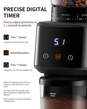 ODOROKU Conical Burr Coffee Grinder with Digital Timer Display, Electric Coffee Bean Grinder with 31 Precise Settings for Espresso/Drip/Pour Over/Cold Brew/French Press, Matte Black - ODOROKU