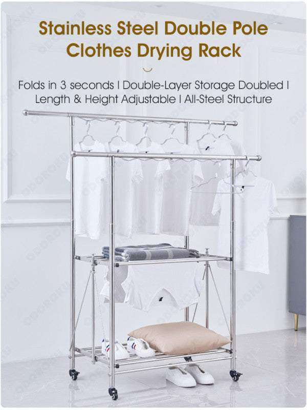 ODOROKU Foldable and Expandable Stainless Steel Clothes Rack with Wheels Laundry Rack Clothes Garment Rack Foldable Rack Collapsible and Extendable Clothing Shelf - ODOROKU