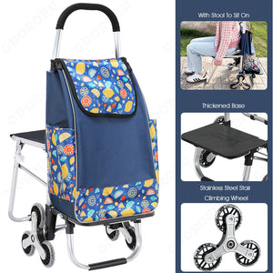 ODOROKU Foldable Aluminum Grocery Cart With Stool Seat For Elderly Shopping 3 Wheels Stairs Climbing Wheel Waterproof Easy Storage Heavy Duty Multi-Purpose Large Capacity Push Cart Trolley Travel Supermarket Market Fresh Food Red Maroon Navy Blue - ODOROKU