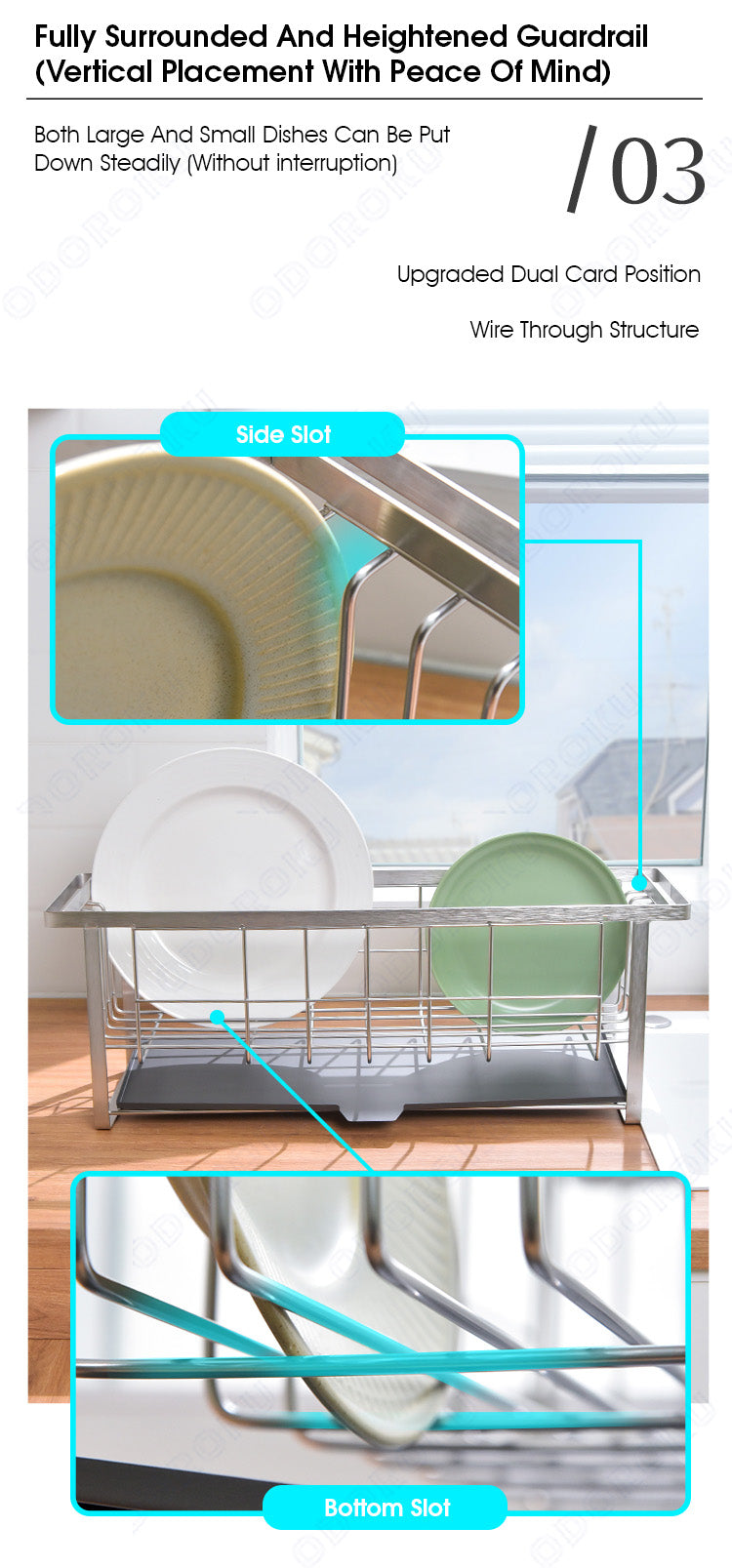 ODOROKU Stainless Steel Narrow & Long Dish Rack with Automatic Drainer and Moveable Hooks Storage Of Plates Plate Bowls Cutlery Utensils Knife Knives Chopping Board Peeler Sponges Gloves Rags Holder Water Tray Draining Drainage For Kitchen Counter/Sink - ODOROKU