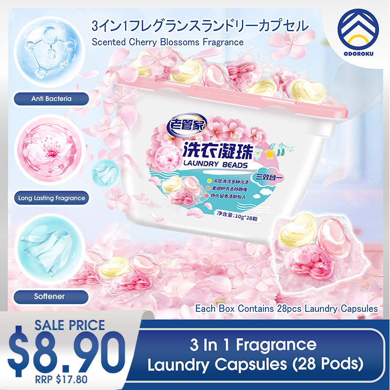 ODOROKU 3 in1 Laundry Detergent Capsules Cherry Blossoms Fragrance 28 capsules per tub Anti Bacteria , Long Lasting Fragrance , Softener Laundry Capsules - ODOROKU