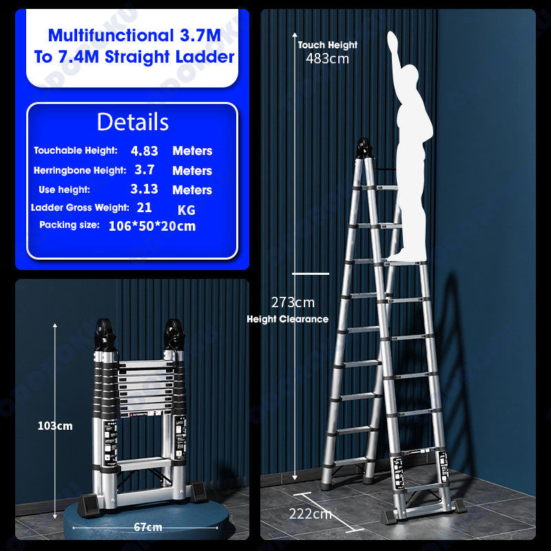 ODOROKU Telescopic Ladder A-Frame Stainless Steel Extension Ladders Multi-Purpose Collapsible Ladder for Household Commercial Aircon Renovation Herringbone Ladder Folding Ladders - ODOROKU