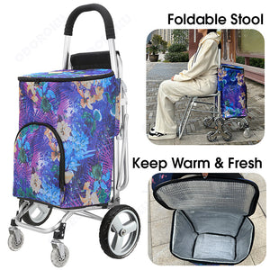 ODOROKU Foldable Aluminum Insulated Shopping Cart With Stool Seat For Elderly Aluminium Stair Stairs Climbing Universal Wheel Large Capacity Heavy Duty Portable Push Cart Trolley Fresh Food Auntie Trolley Durable Collapsible Supermarket Grocery - ODOROKU