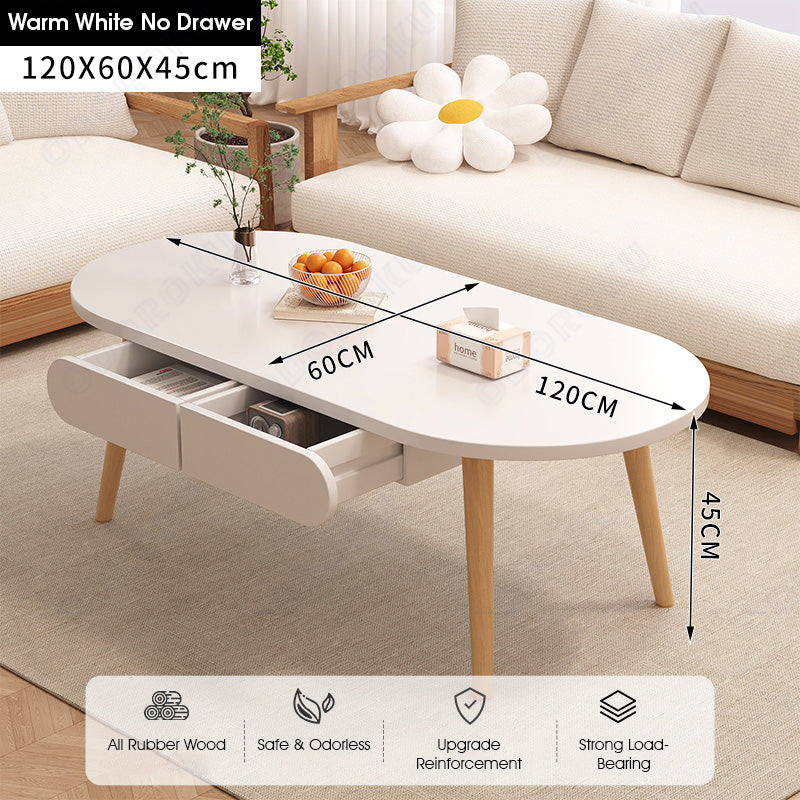 ODOROKU 80/100/120cm Wood Modern Oval Coffee Table with Drawer 1.5cm Thickness Solid Rubber Wooden Coffee Table Scandinavian Nordic Design Round Wooden Center Table Side End Table for Living Room Sturdy Tea Table - ODOROKU