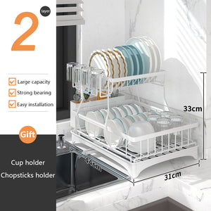 ODOROKU 2 Tier Dish Rack with Drainer Cup Holder & Utensils Holder Compact Dish Drainer Rack Sink Organizer Dish Rack for Kitchen Counter Bowl & Plates Dish Drying Rack Black White - ODOROKU