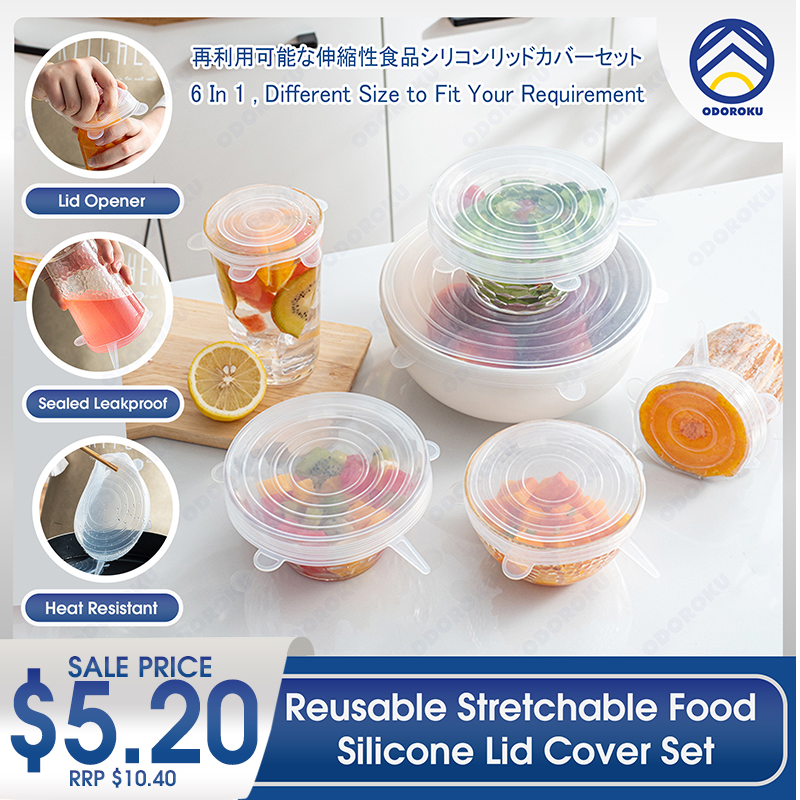 ODOROKU 6 In 1 Reusable Stretchable Food Silicone Lid Cover Set Suitable For All Container BPA Free Stretchy & Flexible - ODOROKU