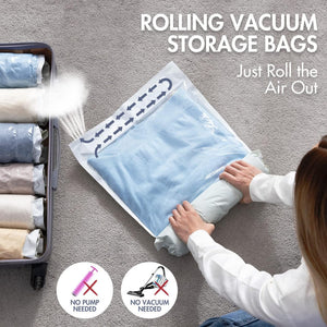 ODOROKU X Taili Rolling Travel Vacuum Compression Bag Roll Up Space Saver Bags No Vacuum Needed Reusable Packing Bags for Luggage Suitcase Backpack Travel Essentials Clothes Storage Bag Seal Bags Airtight Valve Double Zipper Seal - ODOROKU