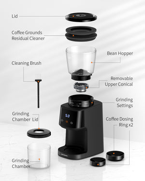 ODOROKU Conical Burr Coffee Grinder with Digital Timer Display, Electric Coffee Bean Grinder with 31 Precise Settings for Espresso/Drip/Pour Over/Cold Brew/French Press, Matte Black - ODOROKU