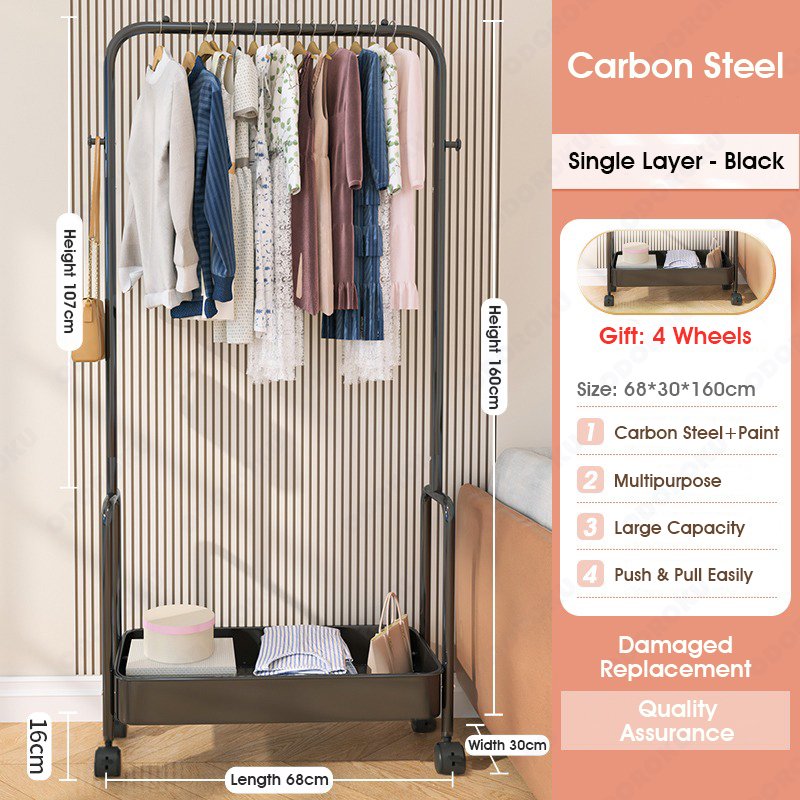 ODOROKU Clothing Rack with Basket and Wheels Portable Garment Rack Rolling Clothes Organizer Metal Basket Laundry Cart Small Wardrobe Rack on Wheels for Bedroom Laundry and Entryway - ODOROKU