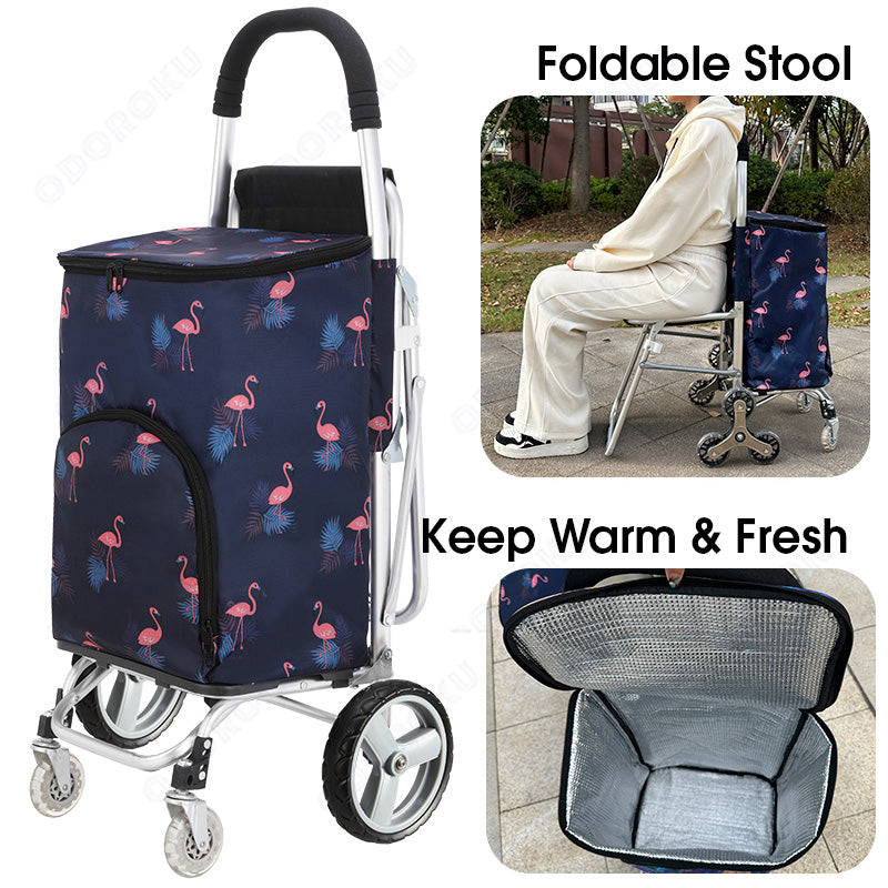 ODOROKU Foldable Aluminum Insulated Shopping Cart With Stool Seat For Elderly Aluminium Stair Stairs Climbing Universal Wheel Large Capacity Heavy Duty Portable Push Cart Trolley Fresh Food Auntie Trolley Durable Collapsible Supermarket Grocery - ODOROKU