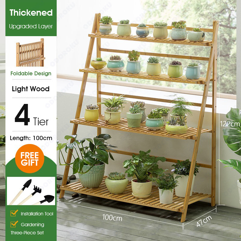 ODOROKU 3/4 Tier Bamboo Ladder Plant Stand Garden Rack Foldable Organizer Flower Display Shelf Rack for Home Patio Lawn Garden Balcony - ODOROKU