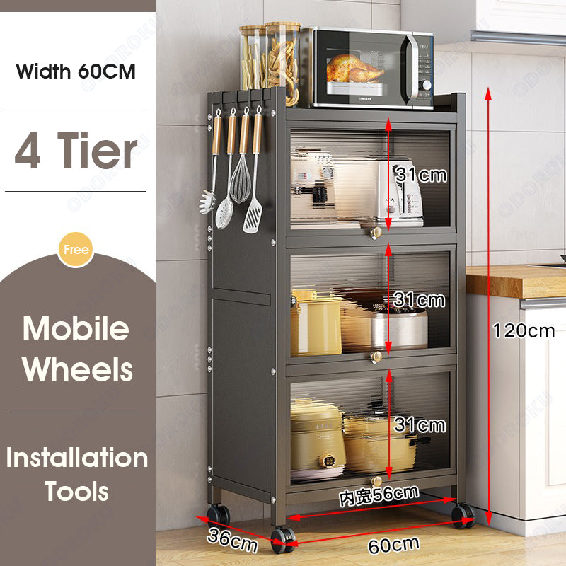 ODOROKU 3/4/5 Tiers Heavy Duty Free Standing Kitchen Rack with Cabinet Door & Removable Back Panel for Kitchens Storage with Rolling Wheels Microwave Oven Stand Rack - ODOROKU