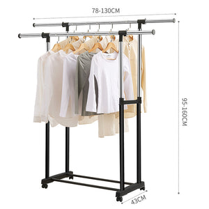 ODOROKU Heavy Duty Double Rods Adjustable Length Clothes Rack with Wheels Thicken Steel Garment Drying Hanger Metal Clothes Hanging Rack Drying Stand Laundry Rack - ODOROKU