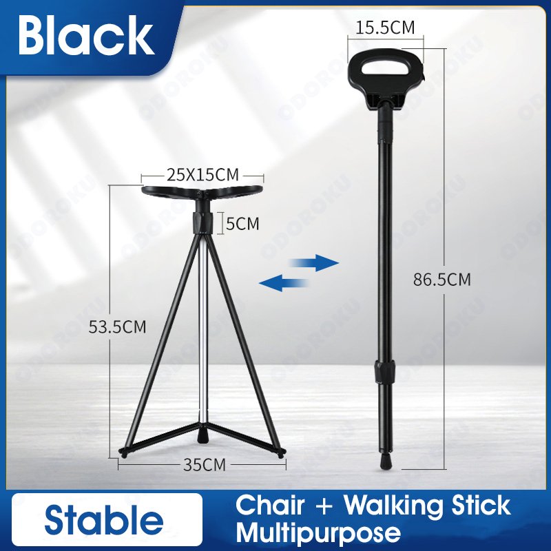 ODOROKU 2 In 1 Portable Lightweight Walking Cane & Cane Seat Walking Stick Aid Foldable Seat Sturdy Tripod Cane Stool Lightweight Balancing Mobility Aid Crutch Chair with Travel Bag and 2 Base Canes for Elderly, Seniors & Handicap - ODOROKU