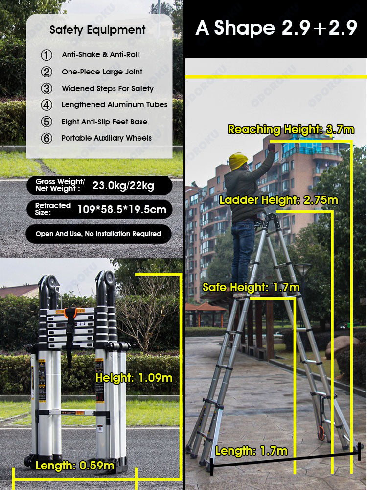 ODOROKU 8 Legs Aluminum Telescopic Ladder Extension Foldable Ladder A Shape or Straight Ladder Multi-Purpose Ladder with Wheels and Base Support, 2000kg Capacity - ODOROKU