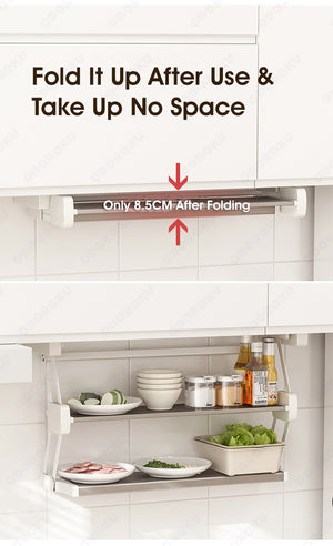 ODOROKU 2 Tier Aluminum Pull Down Shelf Drop Down Cabinet Organizer Kitchen Cabinet Foldable Pull Down Shelf for Space Saving Convenience Spice Rack Organizer for Kitchen Cabinets - ODOROKU