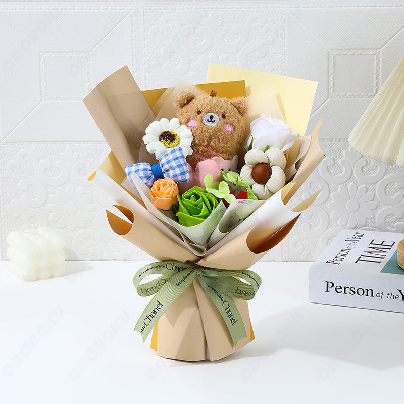 ODOROKU Handmade Plush Bear Bouquet with Artificial Flowers Soap Rose Bouquet Gift with Teddy Bear and Ribbon Birthday Bridal Shower Graduation Mother's Day Gift - ODOROKU