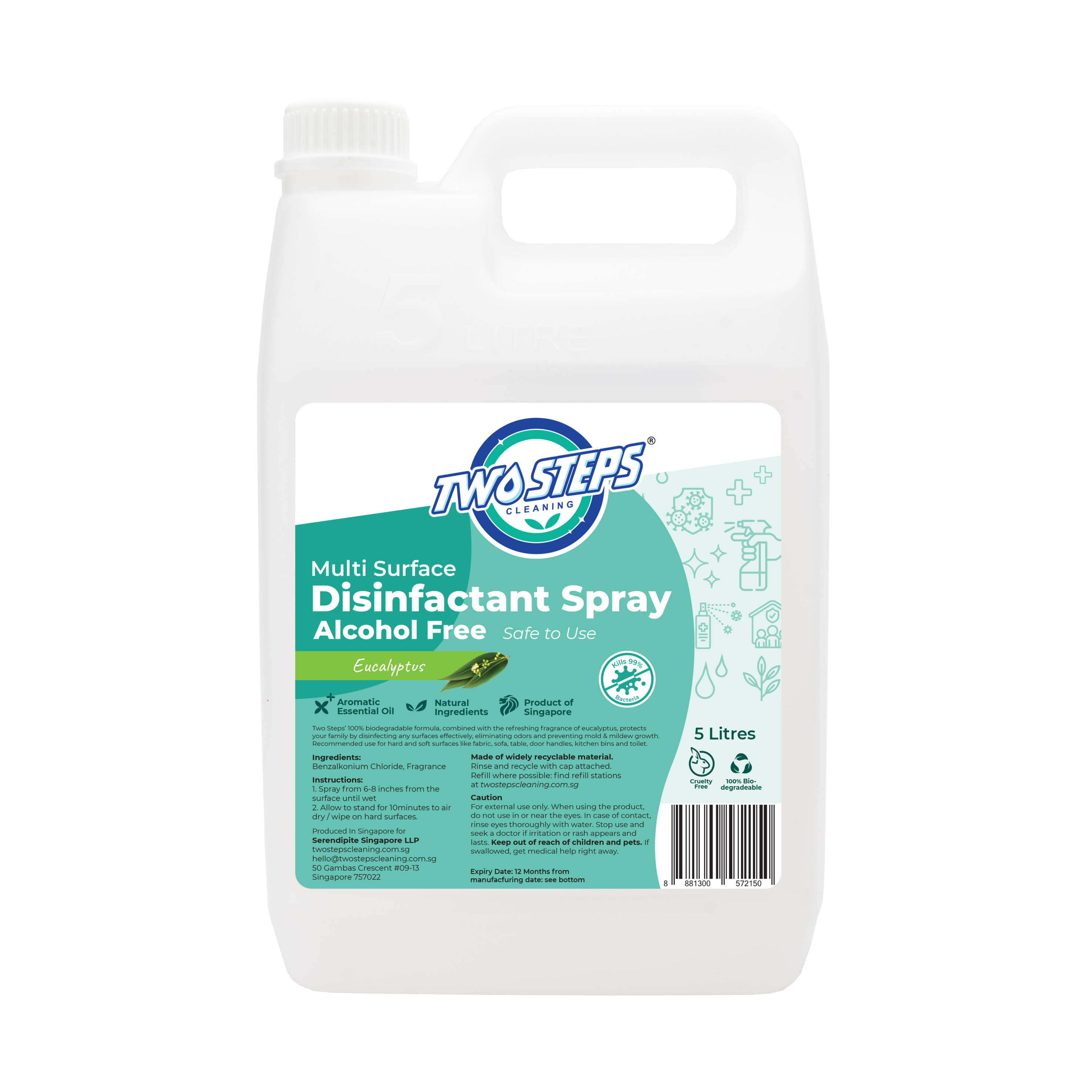 ODOROKU x Two Steps Cleaning Disinfectant Spray 500ml / 5 Litre - Eucalyptus 99% Antibacteria For Disinfecting and Deodorizing Non Alcohol Formula Safe for Kids - ODOROKU