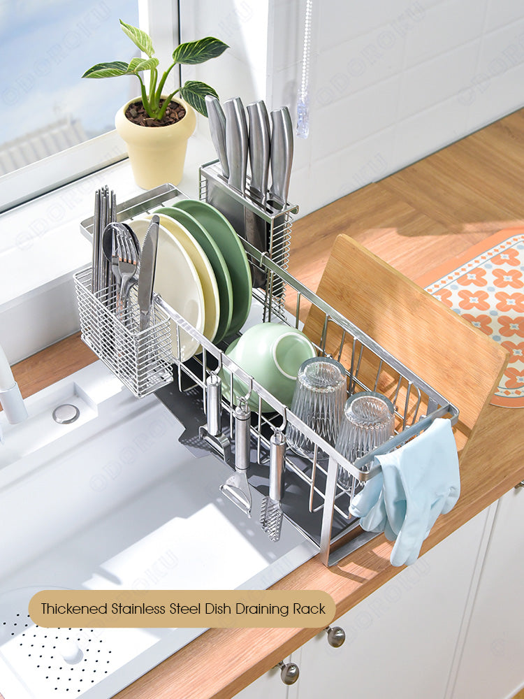 ODOROKU Stainless Steel Narrow & Long Dish Rack with Automatic Drainer and Moveable Hooks Storage Of Plates Plate Bowls Cutlery Utensils Knife Knives Chopping Board Peeler Sponges Gloves Rags Holder Water Tray Draining Drainage For Kitchen Counter/Sink - ODOROKU