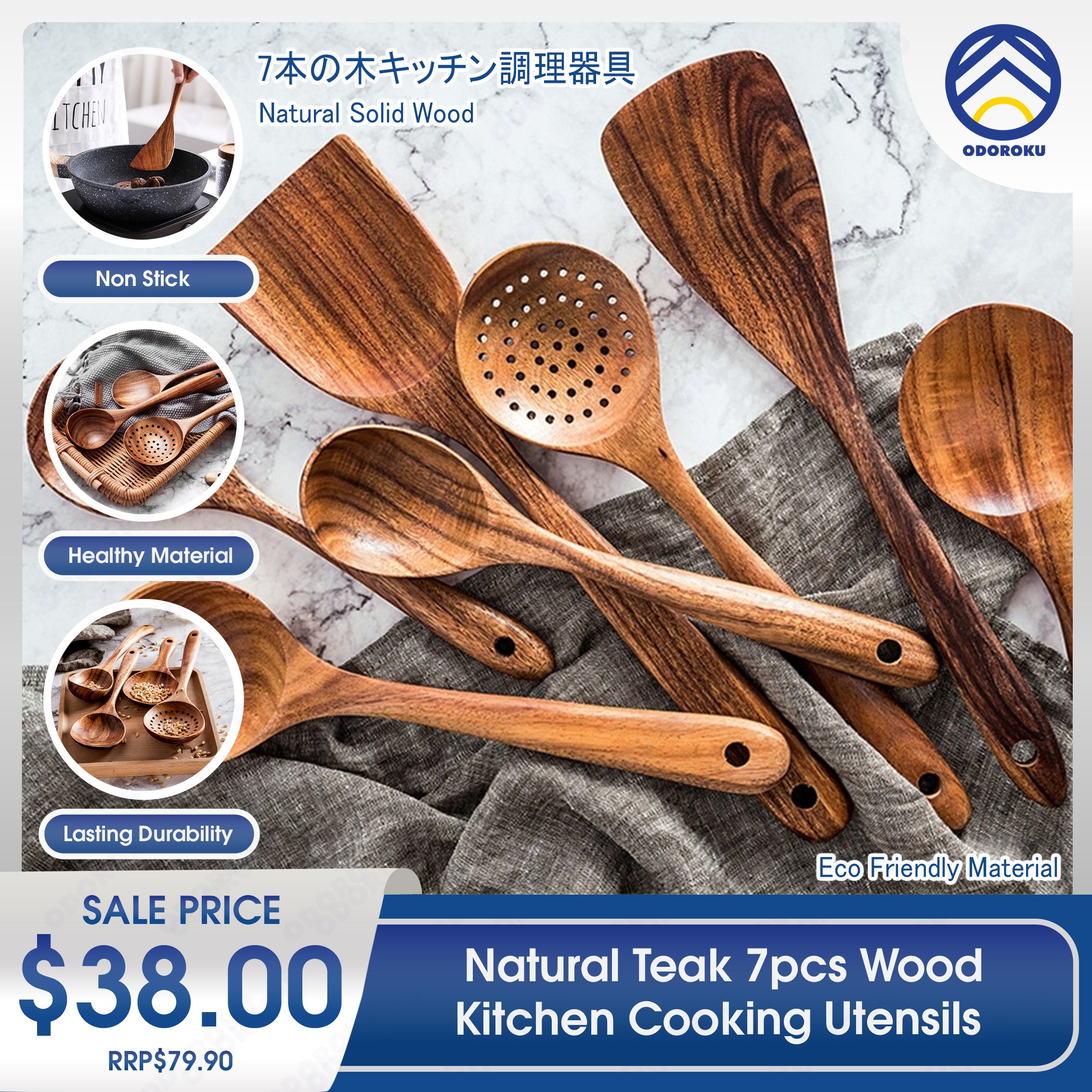 ODOROKU 7pcs Wooden Cooking Utensils Kitchen Utensils Set with Holder & Spoon Rest Teak Wood Spoons and Wooden Spatula for Cooking, Nonstick Natural and Healthy Kitchen Cookware Durable - ODOROKU