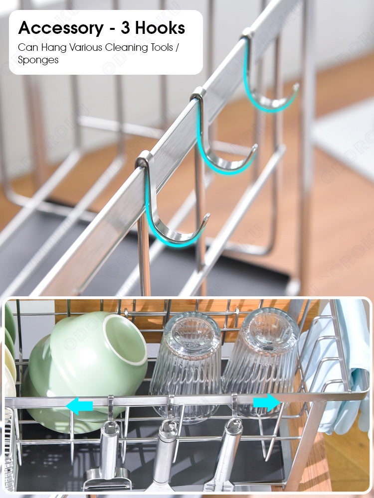 ODOROKU Stainless Steel Narrow & Long Dish Rack with Automatic Drainer and Moveable Hooks Storage Of Plates Plate Bowls Cutlery Utensils Knife Knives Chopping Board Peeler Sponges Gloves Rags Holder Water Tray Draining Drainage For Kitchen Counter/Sink - ODOROKU