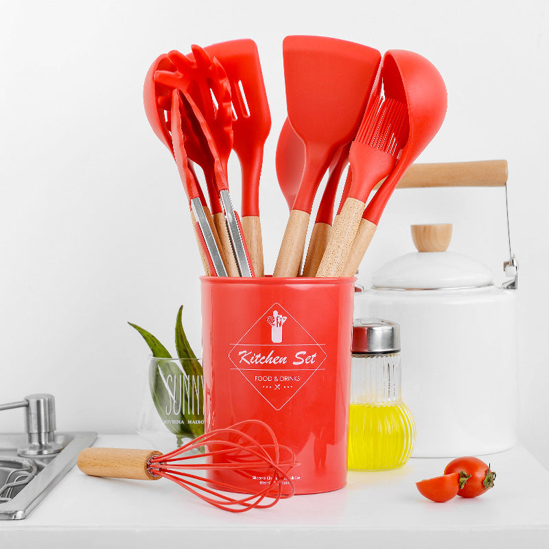 ODOROKU 11 Pcs Silicone Kitchen Utensil Set With Holder Heat Resistant Tools With Wooden Handle Nonstick Non Scratch - ODOROKU