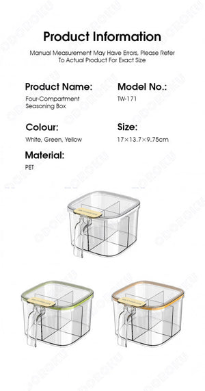 ODOROKU 4 in 1 Airtight Spice Container 1000ml With Lid Handle & 4 Spoons Condiments Seasonings Storage Organizer Box Organizer Home Kitchen Condiment Jars Kitchen Food Salt Sugar Pepper Coffee Beans Spices White Green Yellow - ODOROKU