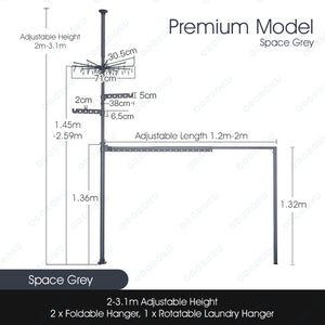 ODOROKU Aluminum H Shape Floor to Ceiling Foldable Laundry Pole with Multiple Hangers Standing Clothes Laundry Drying Rack Adjustable Metal Corner Tension Pole - ODOROKU