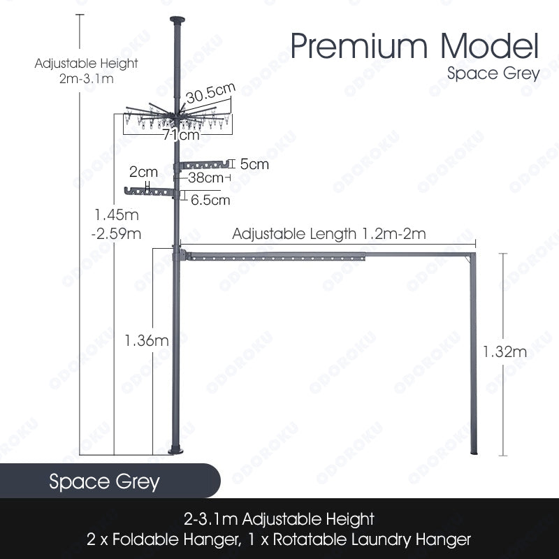 ODOROKU Aluminum H Shape Floor to Ceiling Foldable Laundry Pole with Multiple Hangers Standing Clothes Laundry Drying Rack Adjustable Metal Corner Tension Pole - ODOROKU