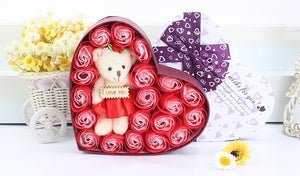 ODOROKU 20 Roses Bear Rose with Heart Shape Gift Box Teddy Bear Teddy Flower Bear Over 20 Artificial Flowers Valentines Day Anniversary & Bridal Showers Clear Gift Box [Red,Pink,Purple] - ODOROKU