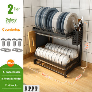 ODOROKU 2/3 Tier Adjustable Wall Mounted / Free Standing Dish Rack Dish Drying Rack Stainless Steel Dish Drainer with Drainboard Utensil Holder for Plates Bowls Cups for Kitchen Countertop Organizer - ODOROKU