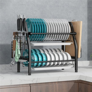 ODOROKU 2 Tier Dish Rack 304 Stainless Steel with Utensil Knife Holder and Cutting Board Holder Dish Drainer - ODOROKU