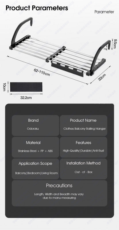 ODOROKU 42-110cm Telescopic Clothes Drying Rack Balcony Stainless Steel Extendable Folding Towel Laundry Hanger Hanging Dry Drying Window Rack with Clips and Hooks - ODOROKU