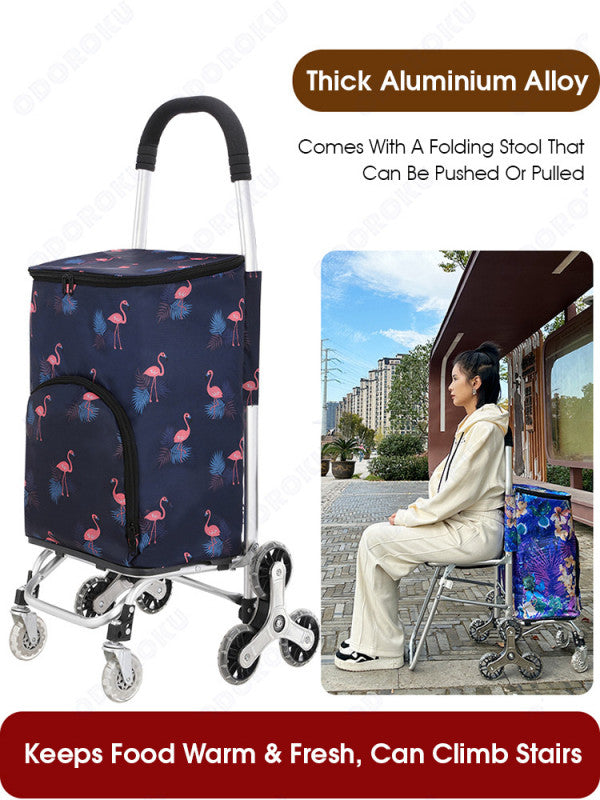 ODOROKU Foldable Aluminum Insulated Shopping Cart With Stool Seat For Elderly Aluminium Stair Stairs Climbing Universal Wheel Large Capacity Heavy Duty Portable Push Cart Trolley Fresh Food Auntie Trolley Durable Collapsible Supermarket Grocery - ODOROKU