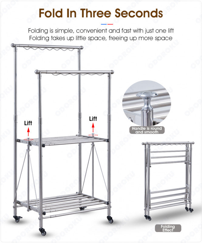 ODOROKU Foldable and Expandable Stainless Steel Clothes Rack with Wheels Laundry Rack Clothes Garment Rack Foldable Rack Collapsible and Extendable Clothing Shelf - ODOROKU